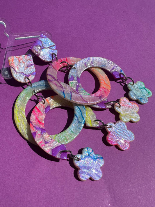 Karlie in Neon Rainbow Flowers - Iridescent Painter Mobile Statement Earrings