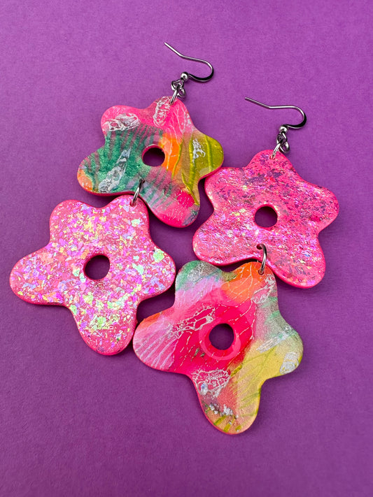 Double Flora - Neon Rainbow - Hot Pink Hand Painted Iridescent Statement Earrings