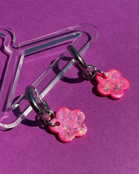Dainty Daisy Chunky Mini Hoop - Neon Pink Statement Earrings