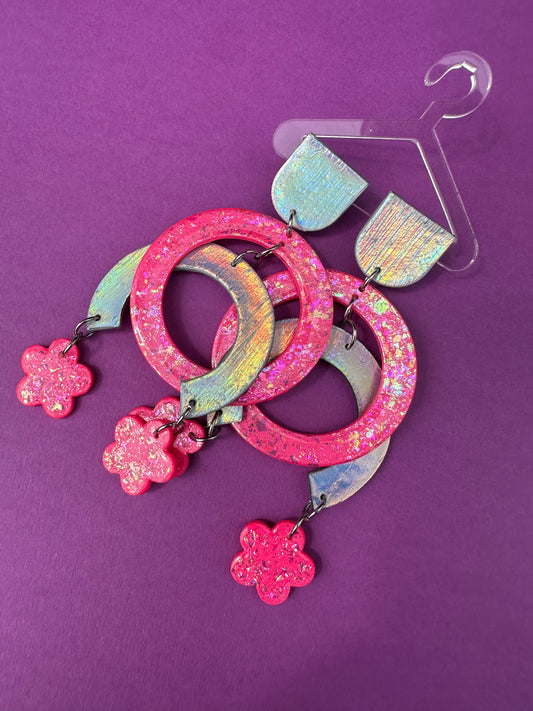 Karlie in Neon Pink Flowers - Holographic Mobile Statement Earrings