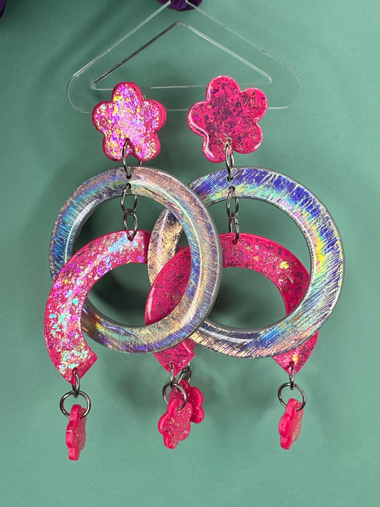Karlie in Neon Pink - Double Flowers - Holographic Mobile Statement Earrings