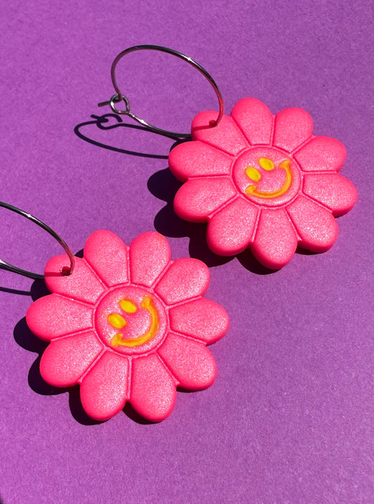 Happy Daisy Neon Pink - Statement Hoop Earrings