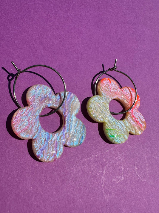 Daisy Hoops in Iridescent Neon Rainbow - Hand Painted Statement Hoop Earrings