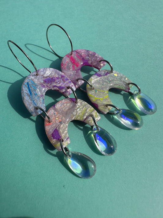 Double Rainbow in Purple Neon - Iridescent Statement Earrings