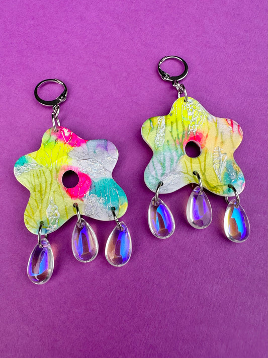 Flora Teardrop - Hand Painted Flowers - Neon Rainbow - Statement Earrings