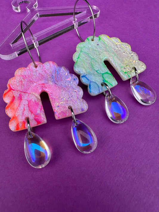 Scalloped Arches in Neon Rainbow - Iridescent Hand Painted Statement Earrings