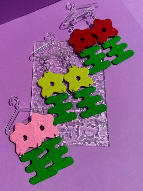 Flower + Stem - Large Quirky Flower Earrings in Pink, Lime, Red or Custom Options