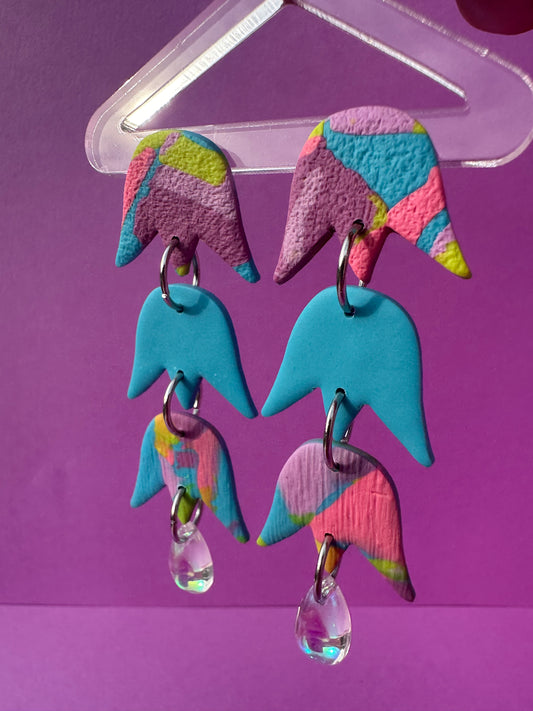 Laleh Triple Tulip Earrings in Blue & Spring Mix & Iridescent Bead - Geometric Dangle Statement Earrings