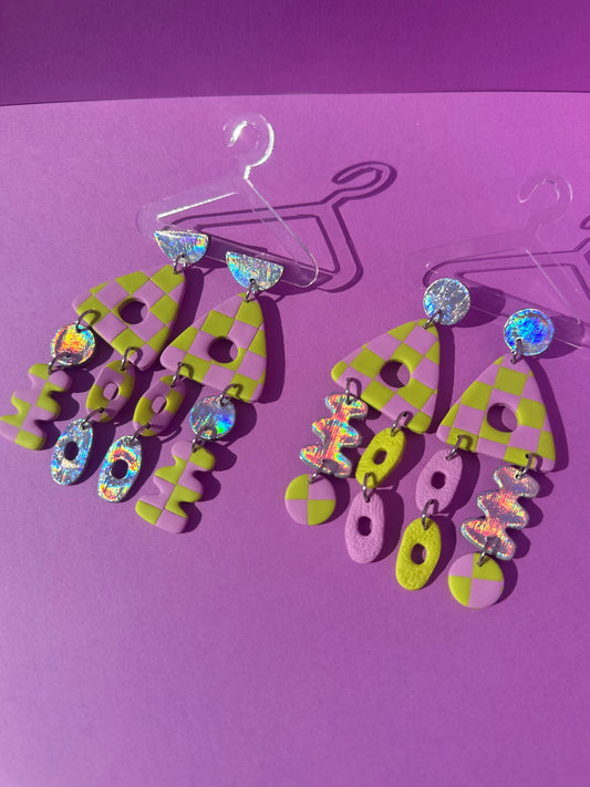 Milo in Checkerboard Aura - Geometric Dangle Statement Earrings