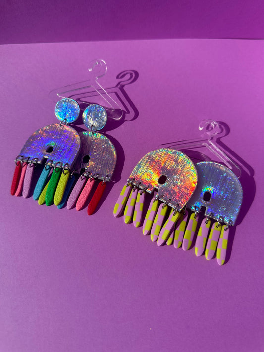 Alina in Holographic Aura Color Block - Medium - Geometric Dangle Statement Earrings