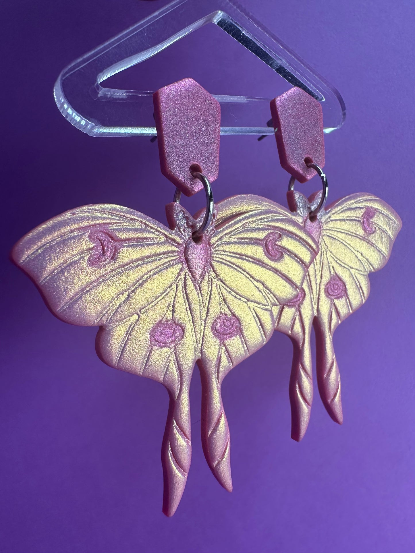 Luna Moth in Pink- Holo Chameleon Color Shift Earrings