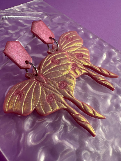 Luna Moth in Pink- Holo Chameleon Color Shift Earrings