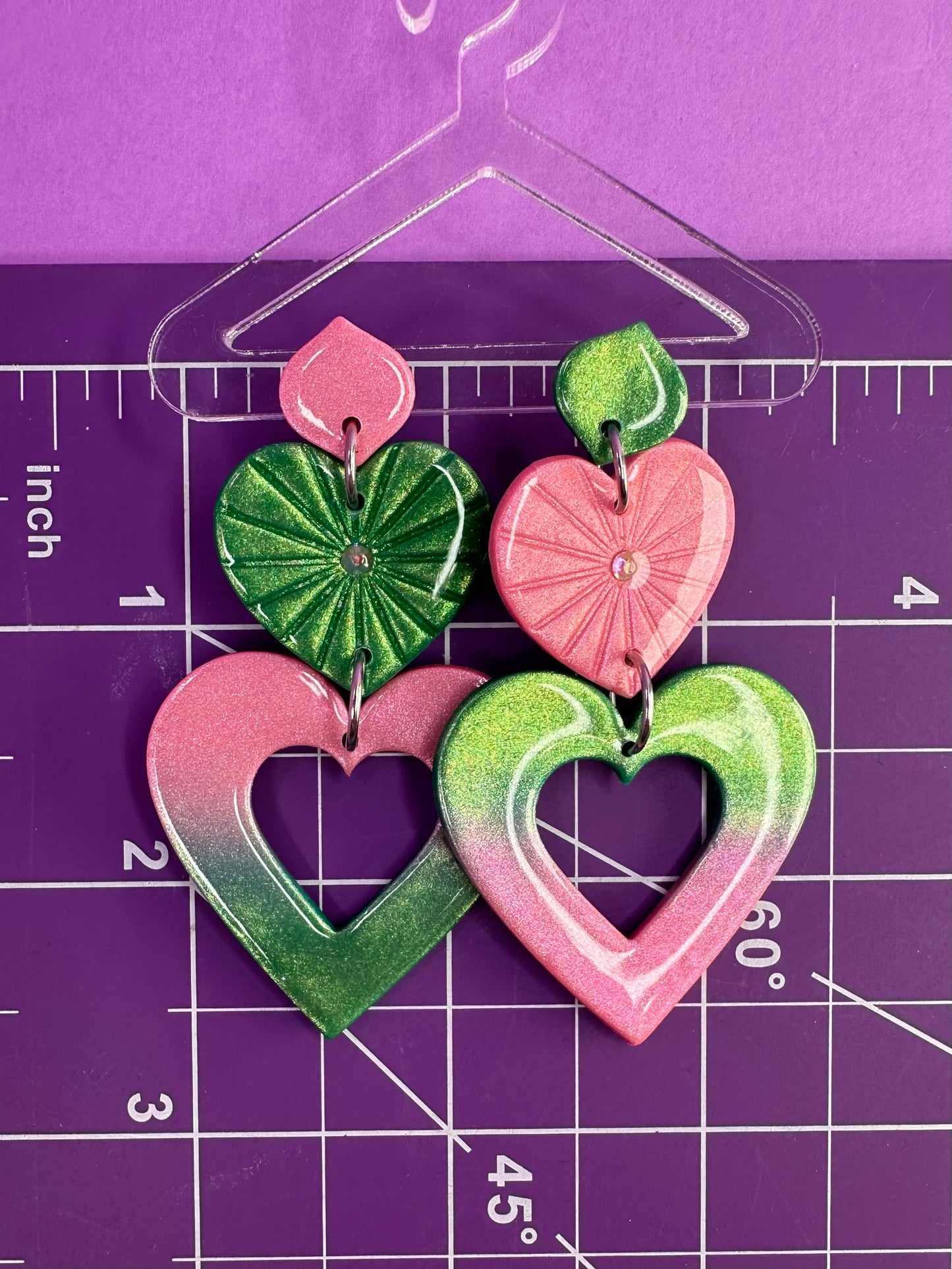 Lydia Hearts - Green Goes Good with Pink Statement Earrings