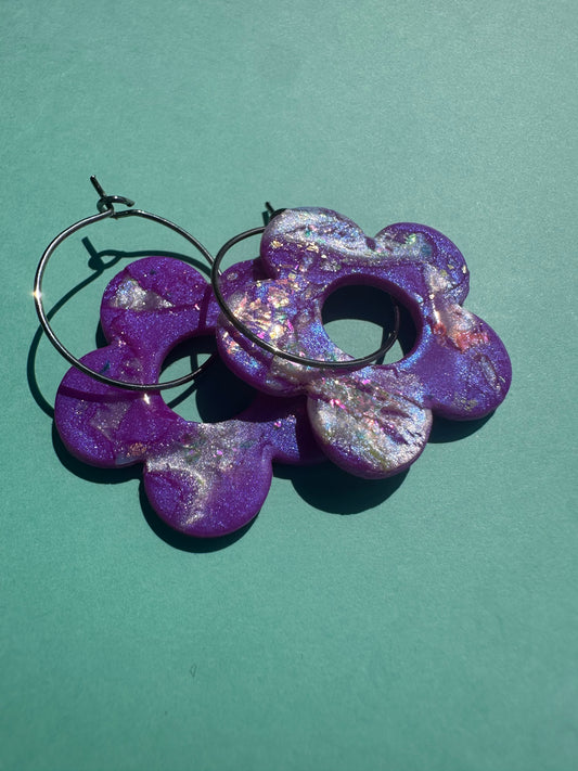 Daisy Hoops in Purple Neon Rainbow - Hand Painted Statement Hoop Earrings