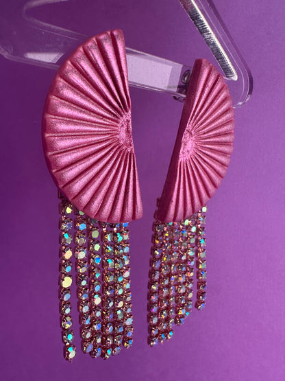 Deco Kacey in Chameleon Pink - Rhinestone Fringe Half Circle Earrings