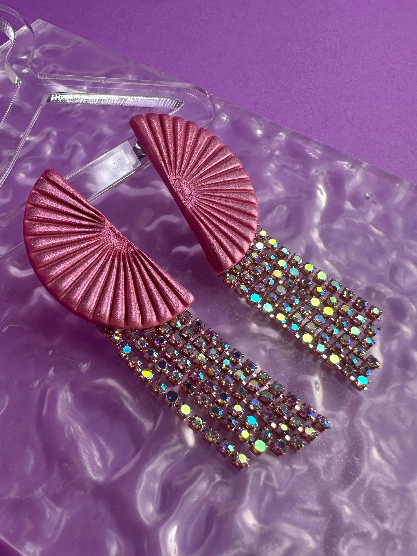 Deco Kacey in Chameleon Pink - Rhinestone Fringe Half Circle Earrings