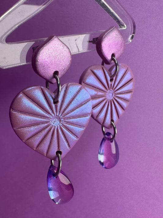 Deco Heart Chameleon Purple Teardrop Earrings