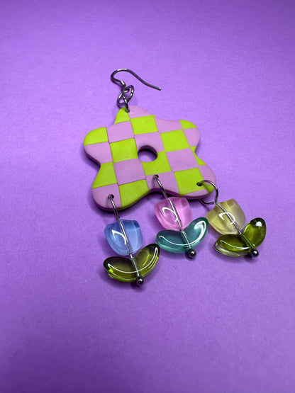 Flora in Checkerboard with Glass Tulip Beads- Dangle Statement Earrings