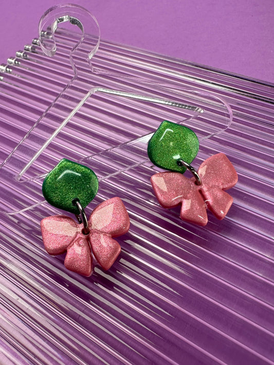 Nessa Bow - Green Goes Good with Pink Dainty Earrings