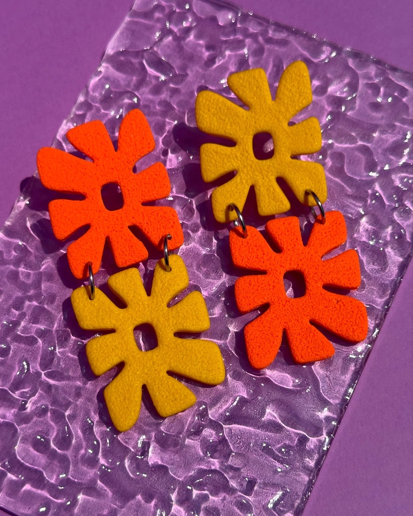 Yellow & Orange Retro Flower Stack - Multicolored Funky Statement Earrings