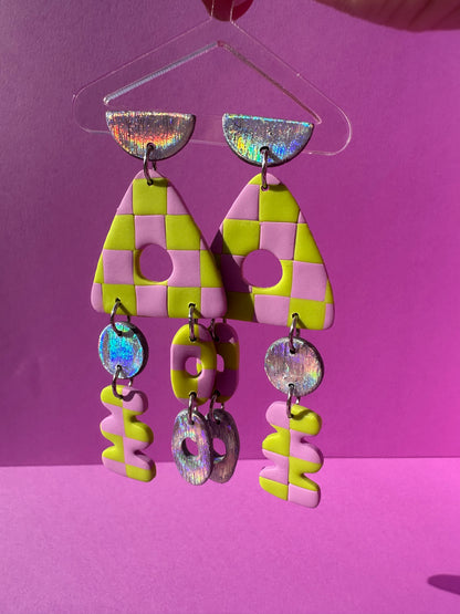 Milo in Checkerboard Aura - Geometric Dangle Statement Earrings