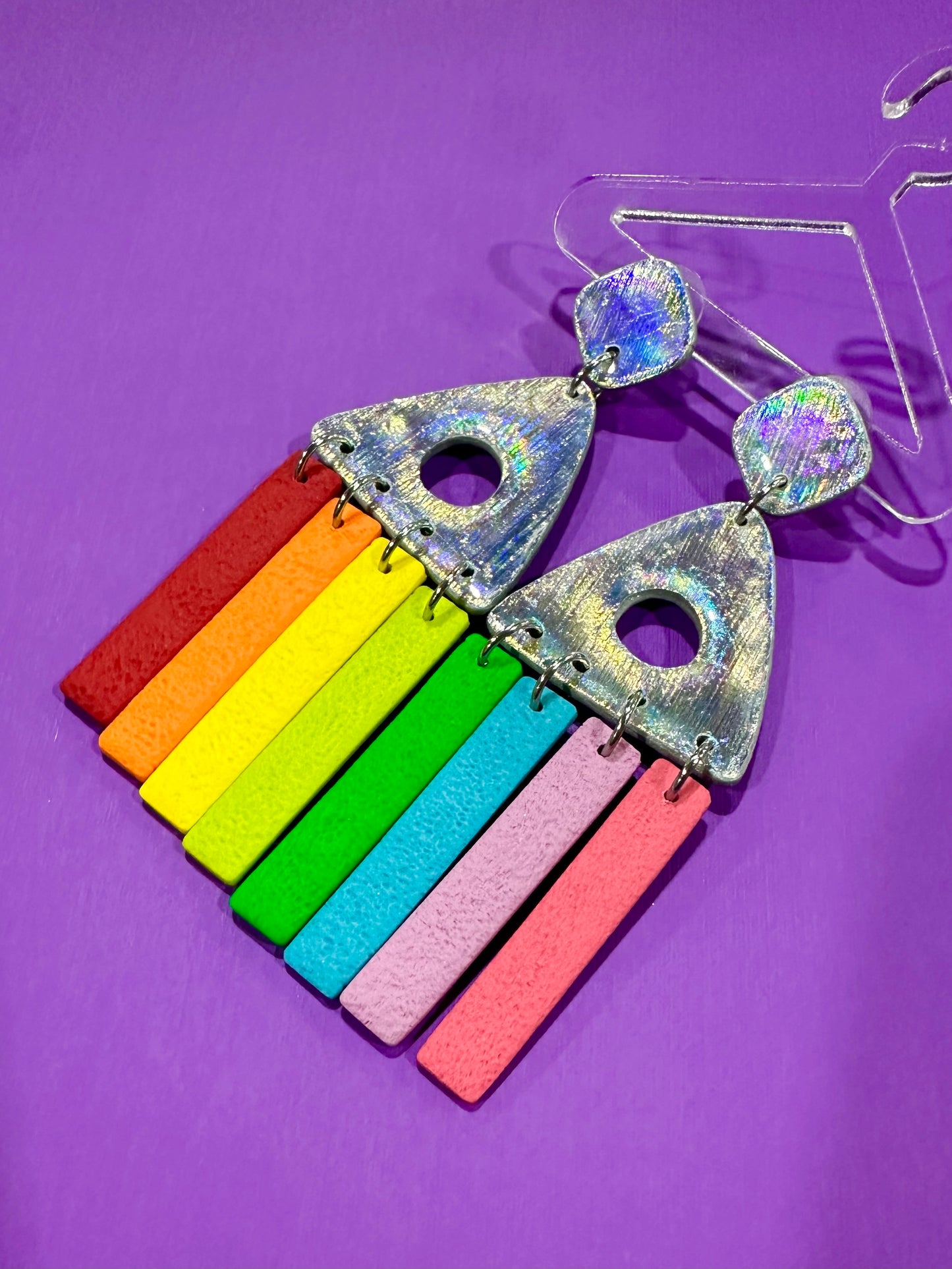 Rainbow Edit Mila in Holographic Aura - Geometric Dangle Statement Earrings