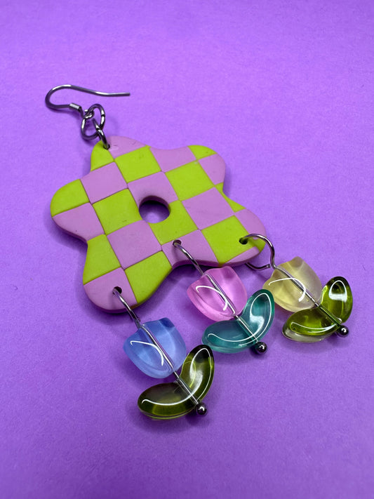 Flora in Checkerboard with Glass Tulip Beads- Dangle Statement Earrings