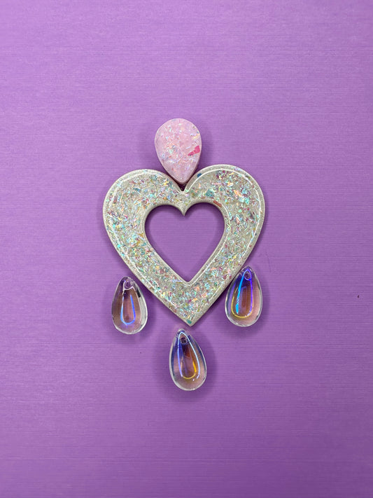 Custom for Moriah - Lily Opal Heart with iridescent Teardrop Beads & Dopamine Shimmer Top - Coquette Statement Earrings