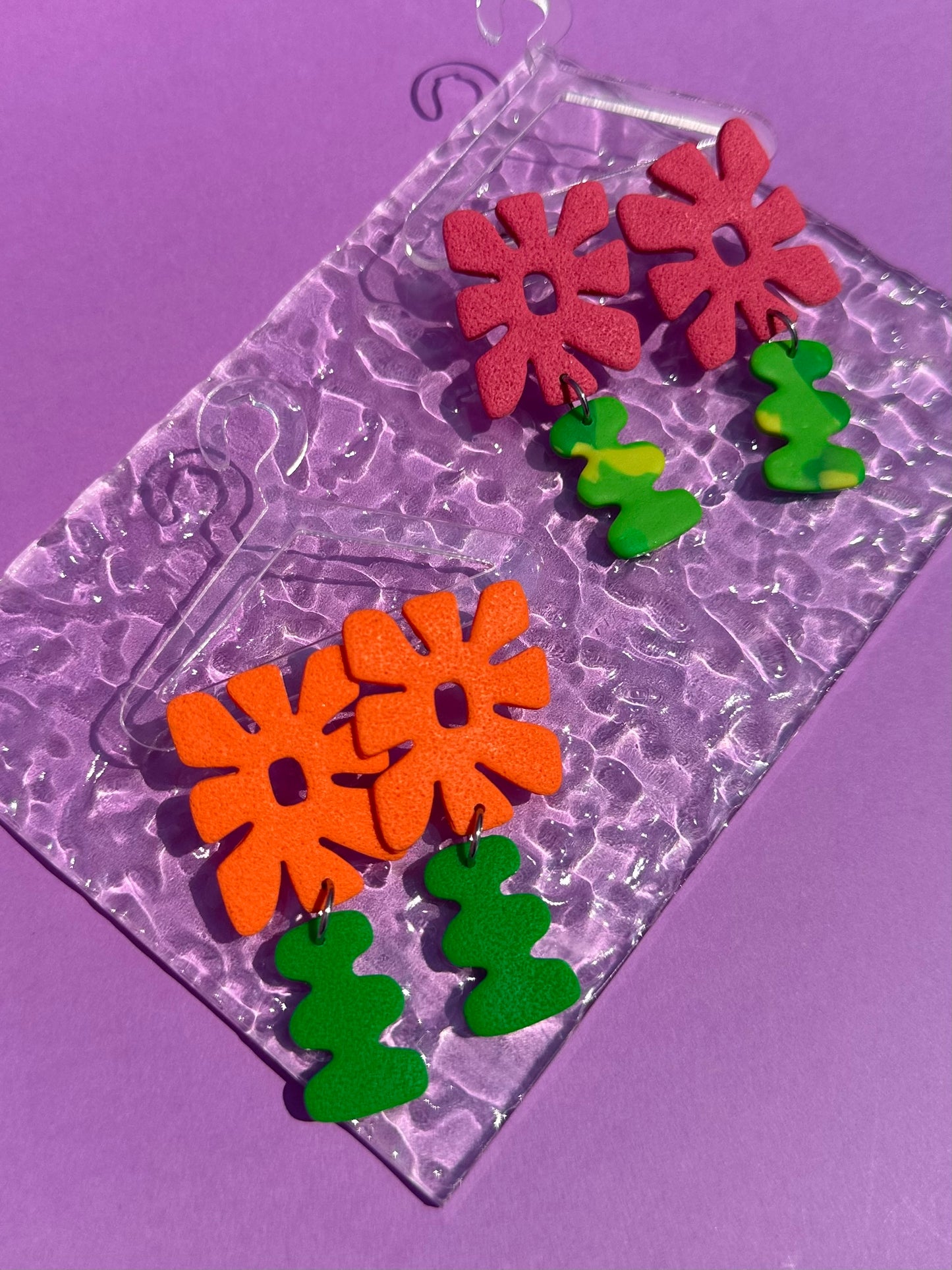 Retro Flower Stem - Whimsical Flower Earrings in Orange or Pink