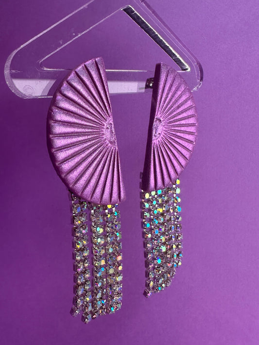 Deco Kacey in Chameleon Purple - Rhinestone Fringe Half Circle Earrings