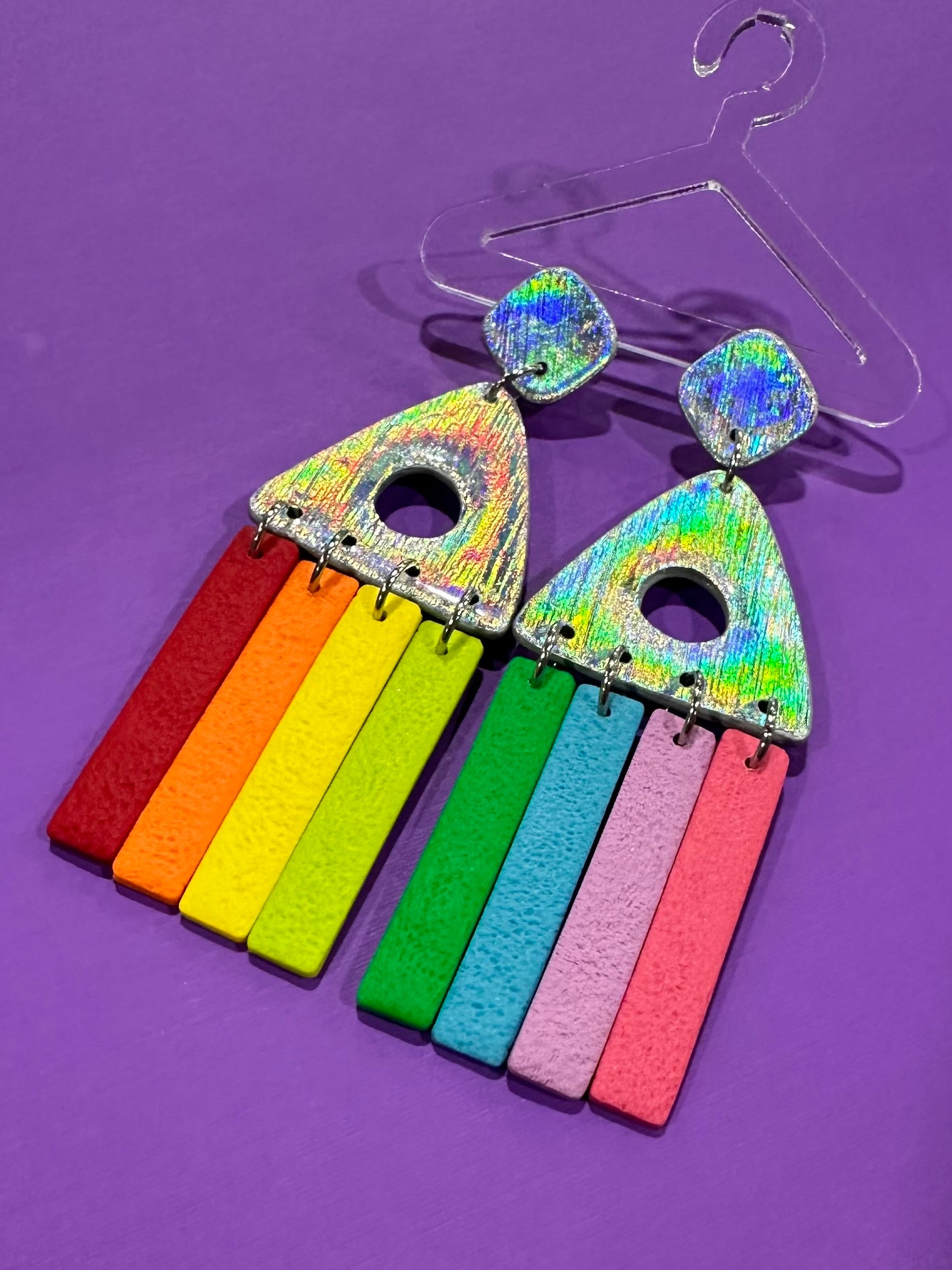 Rainbow Edit Mila in Holographic Aura - Geometric Dangle Statement Earrings