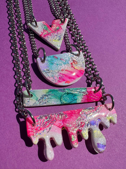 Handpainted Necklaces in Neon Rainbow - Drippy, Geoletric