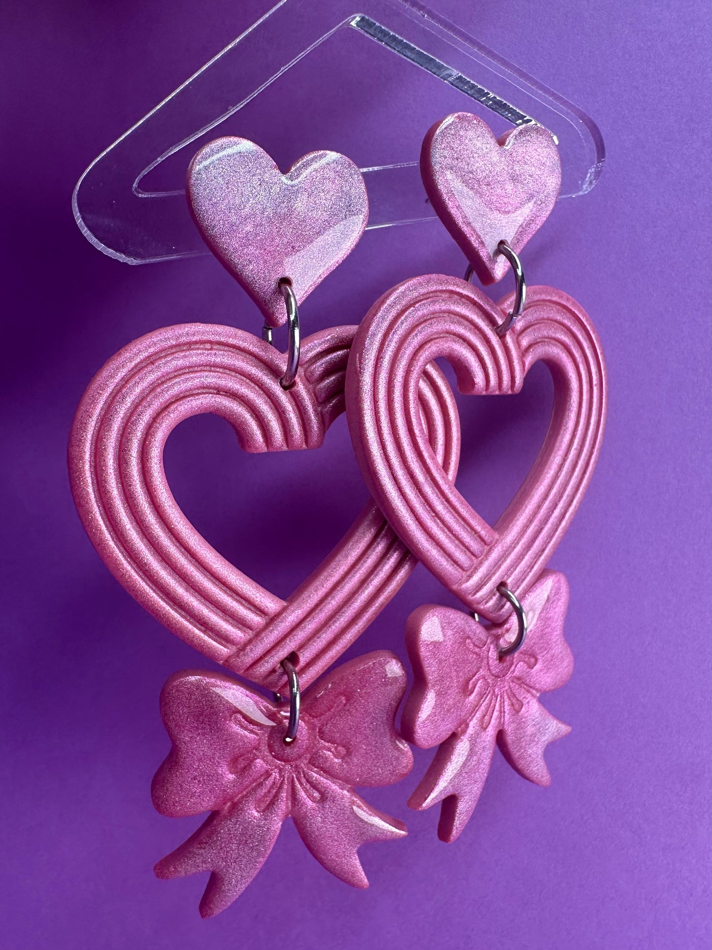 Lydia Deco Heart & Bow Chameleon Pink - Statement Earrings