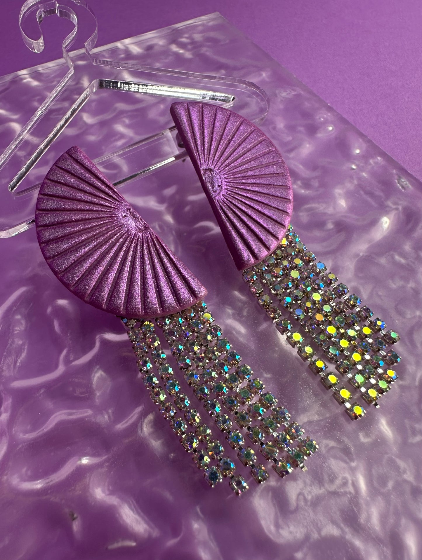 Deco Kacey in Chameleon Purple - Rhinestone Fringe Half Circle Earrings