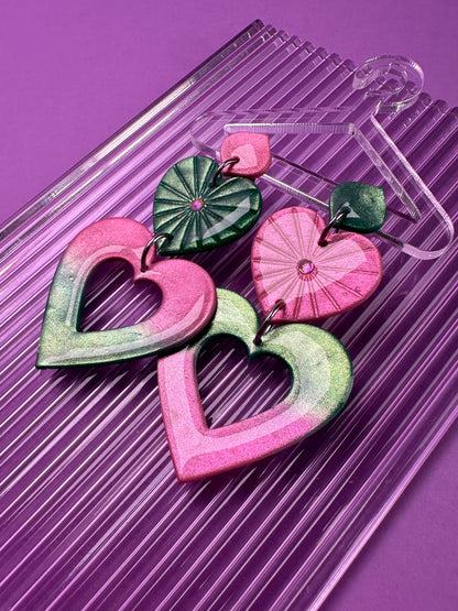 Lydia Hearts - Green Goes Good with Pink Statement Earrings