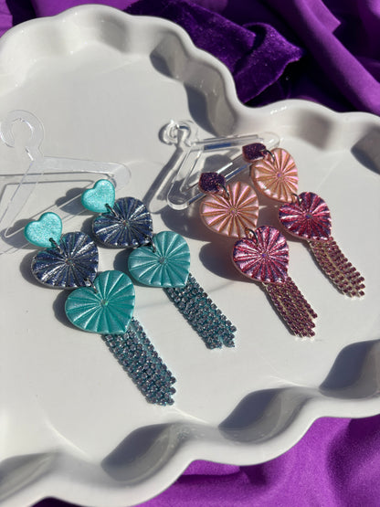 Juliet Triple Stacked Heart Rainbow Rhinestone Fringe Earrings in Light Pink