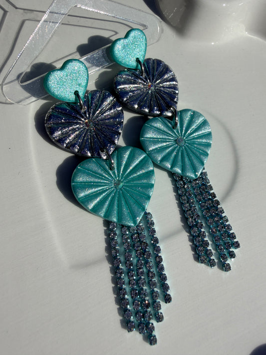 Juliet Triple Stacked Heart Rainbow Rhinestone Fringe Earrings in Light Blue