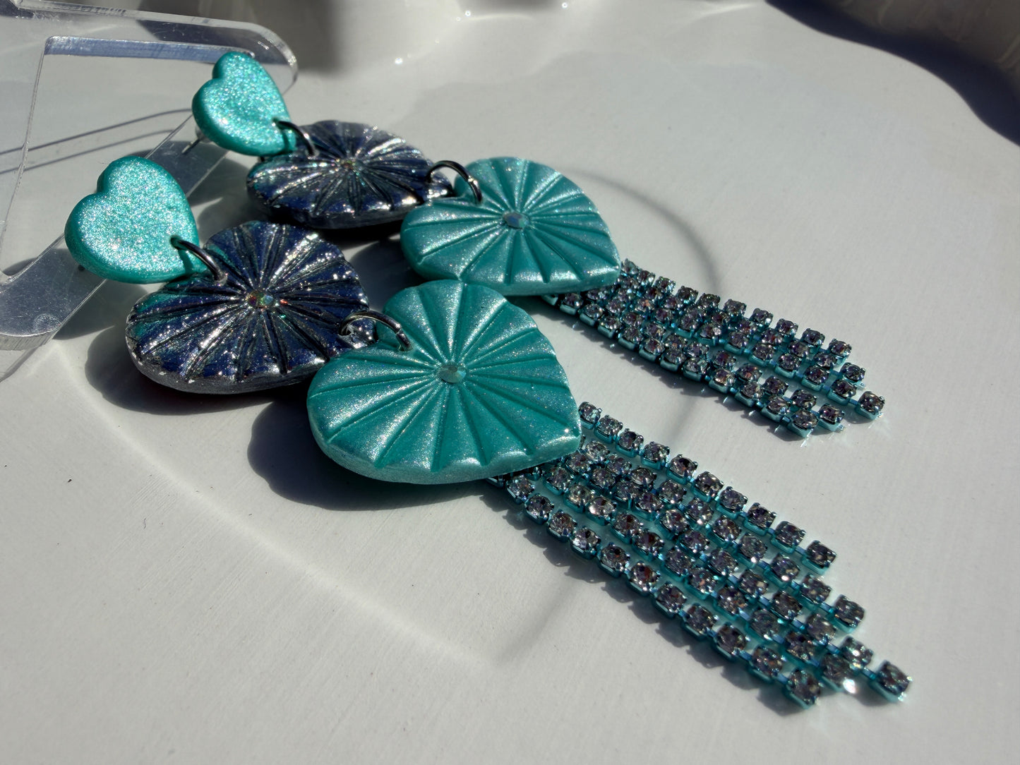 Juliet Triple Stacked Heart Rainbow Rhinestone Fringe Earrings in Light Blue