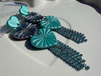 Juliet Triple Stacked Heart Rainbow Rhinestone Fringe Earrings in Light Blue