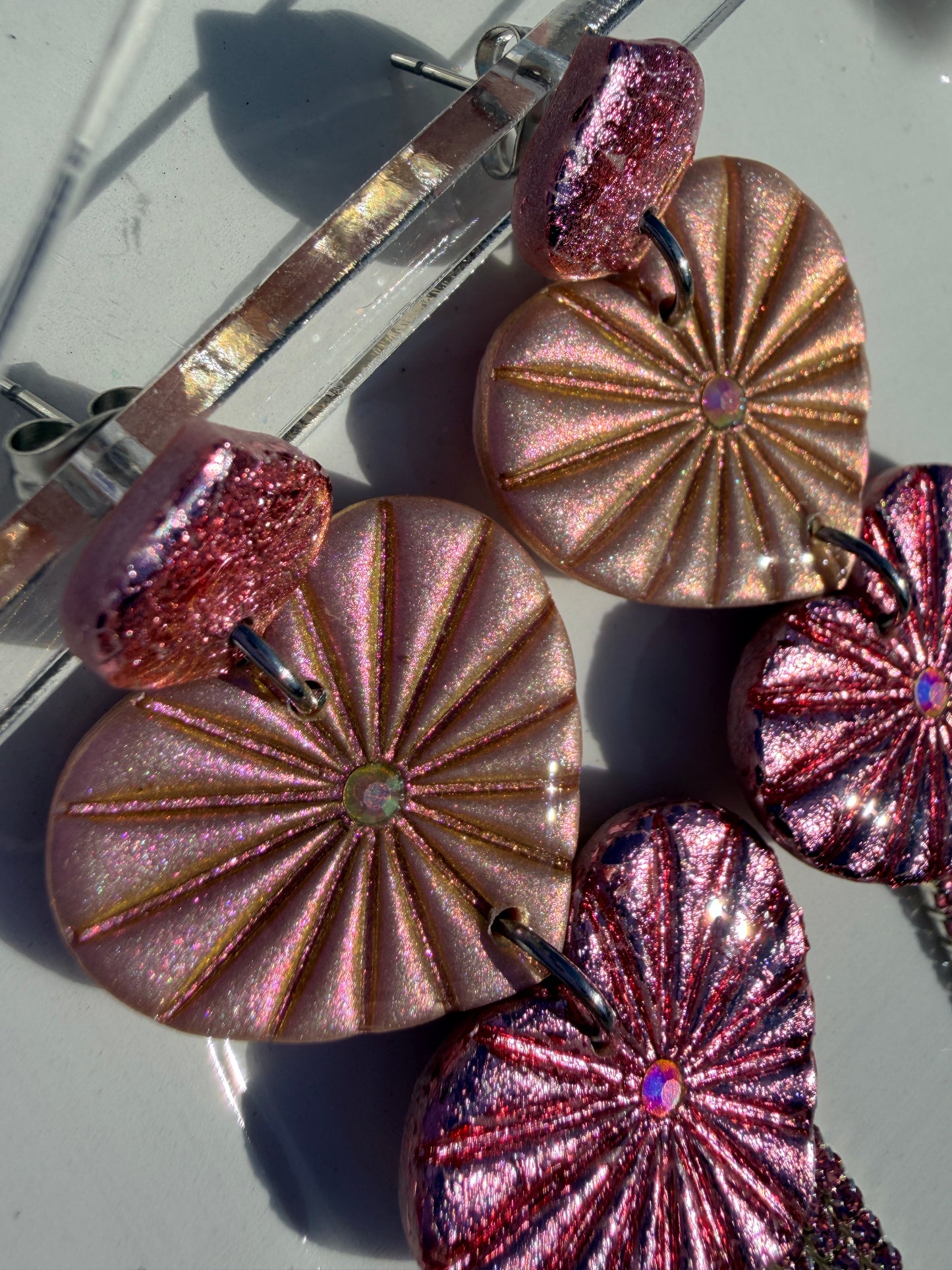 Juliet Triple Stacked Heart Rainbow Rhinestone Fringe Earrings in Light Pink