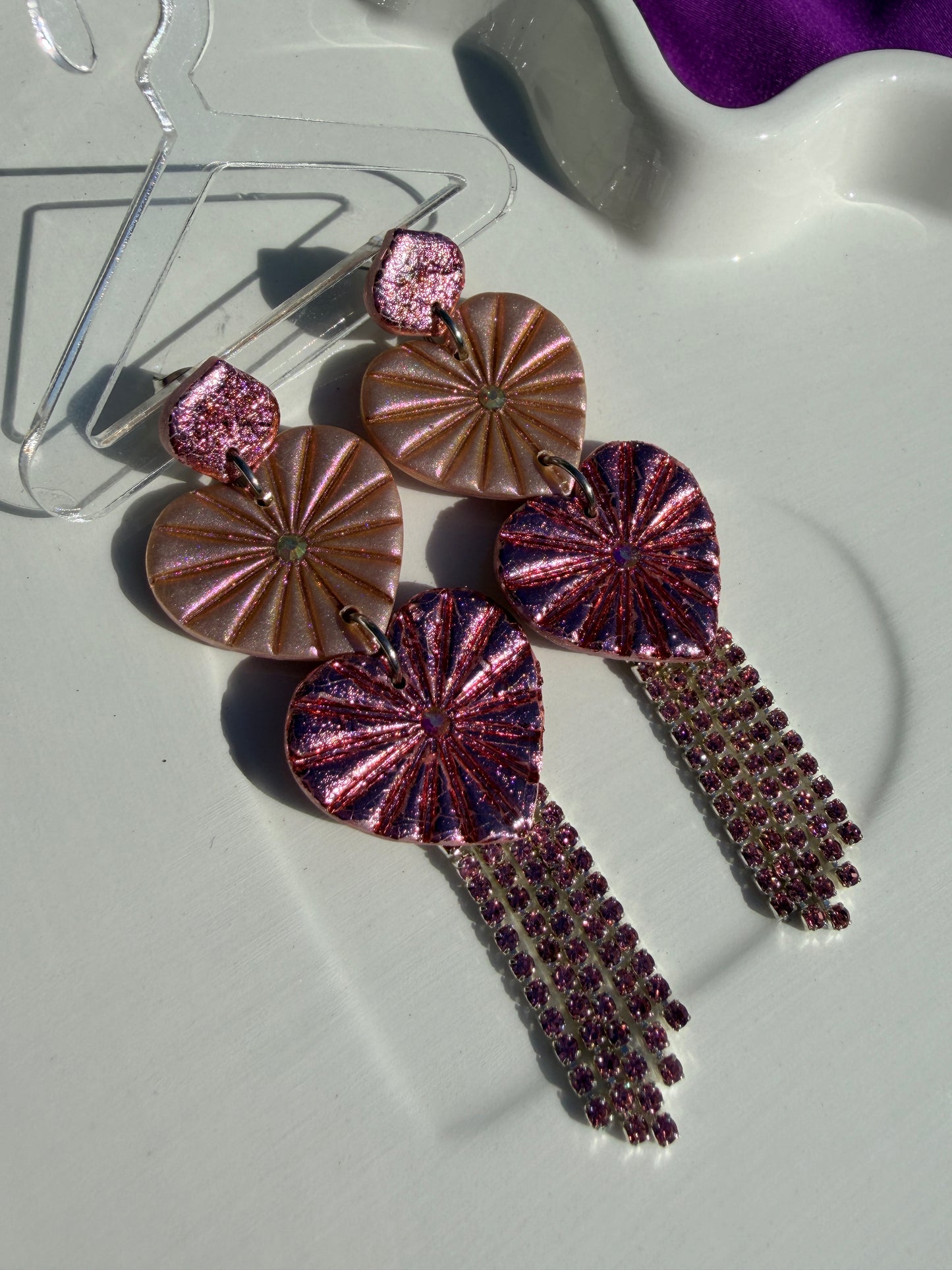 Juliet Triple Stacked Heart Rainbow Rhinestone Fringe Earrings in Light Pink