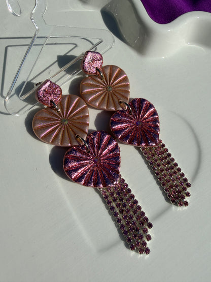 Juliet Triple Stacked Heart Rainbow Rhinestone Fringe Earrings in Light Pink
