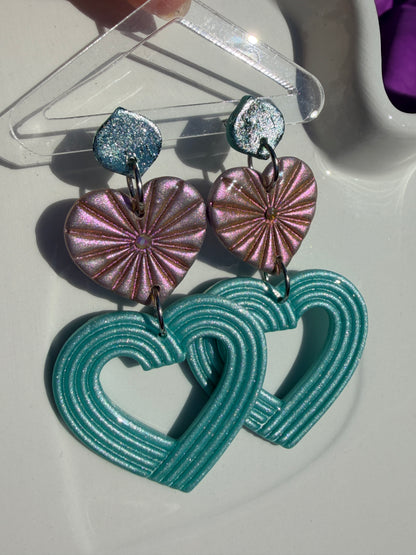 Lyra Starburst Fan Nested Heart Earrings - Chrome Blue, Pink & Blue