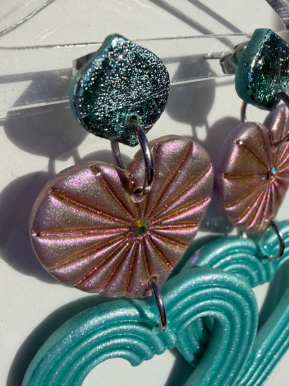 Lyra Starburst Fan Nested Heart Earrings - Chrome Blue, Pink & Blue