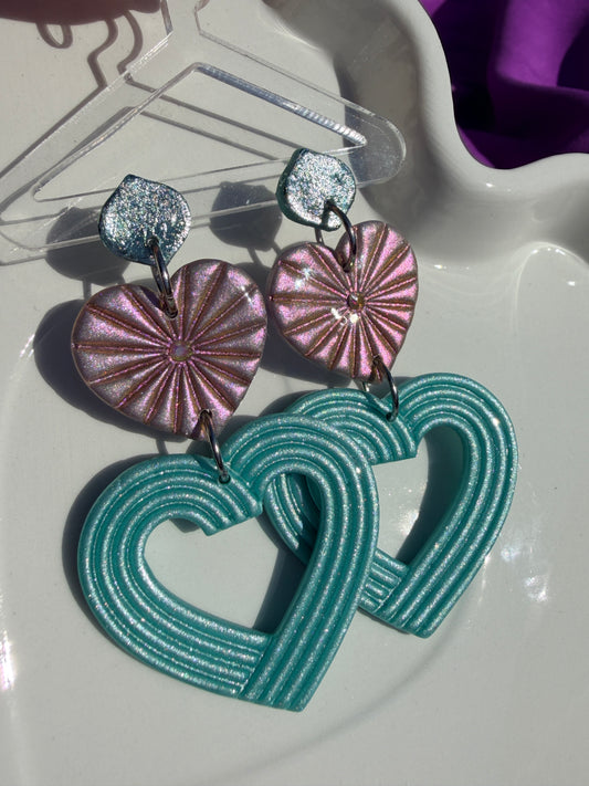 Lyra Starburst Fan Nested Heart Earrings - Chrome Blue, Pink & Blue