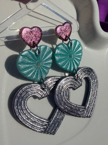 Lyra Starburst Fan Nested Heart Earrings - Chrome Pink, Blue & Silver