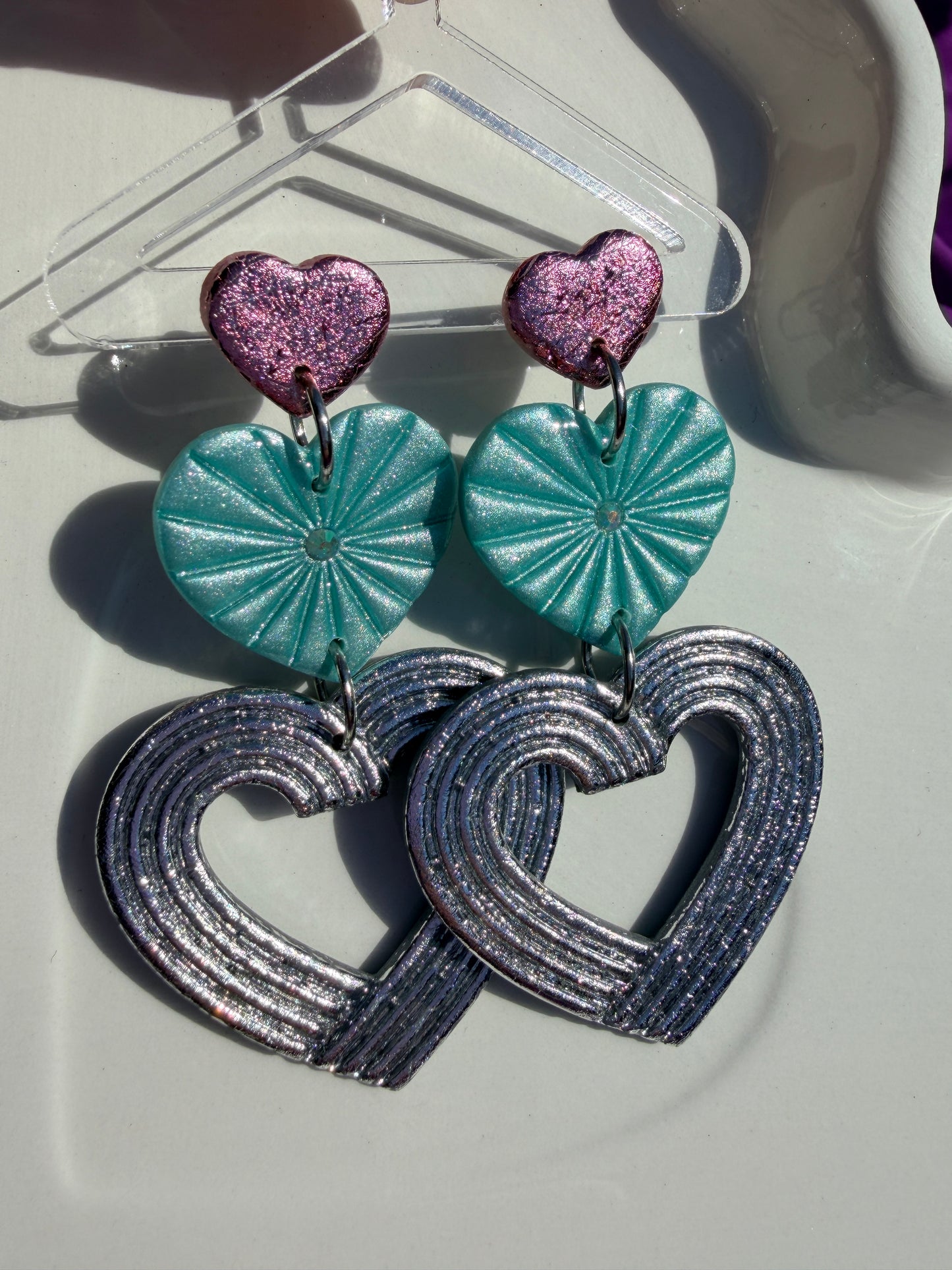 Lyra Starburst Fan Nested Heart Earrings - Chrome Pink, Blue & Silver