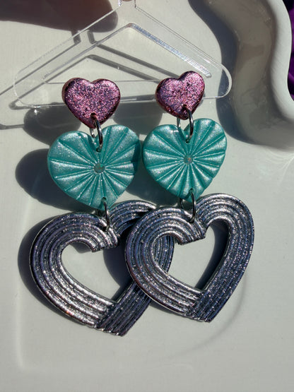 Lyra Starburst Fan Nested Heart Earrings - Chrome Pink, Blue & Silver