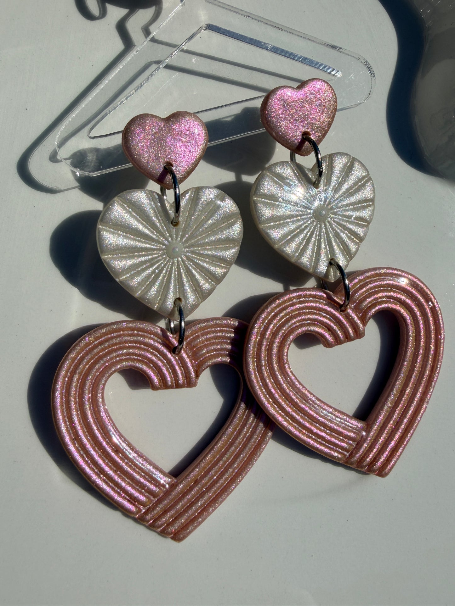 Lyra Starburst Fan Nested Heart Earrings - Pearl & Pink