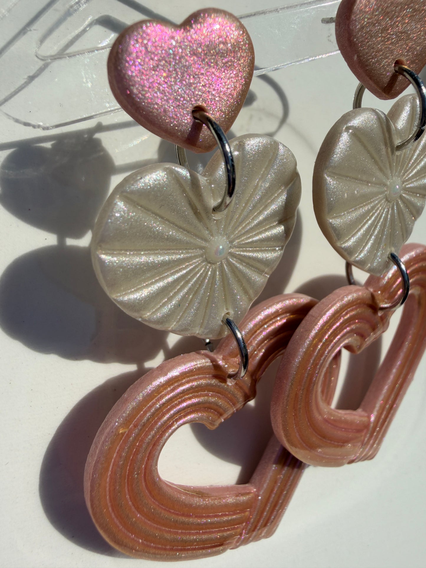 Lyra Starburst Fan Nested Heart Earrings - Pearl & Pink